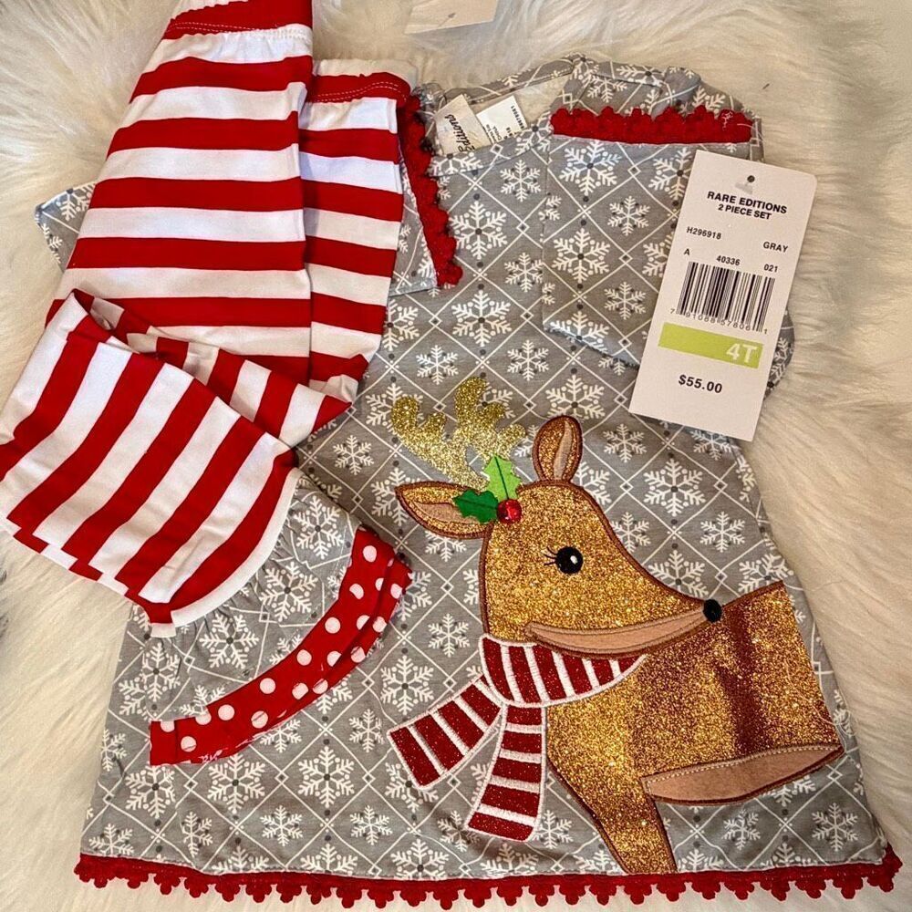 Rare Editions Gray Snowflake Reindeer Red Stripe Pants Set 4T NWT Girls Holiday - Picture 2 of 7